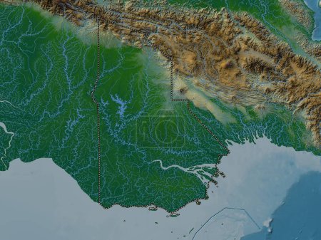Téléchargez les photos : Western Province, province of Papua New Guinea. Colored elevation map with lakes and rivers - en image libre de droit
