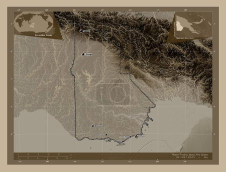 Téléchargez les photos : Western Province, province of Papua New Guinea. Elevation map colored in sepia tones with lakes and rivers. Locations and names of major cities of the region. Corner auxiliary location maps - en image libre de droit