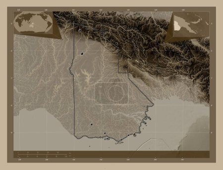 Téléchargez les photos : Western Province, province of Papua New Guinea. Elevation map colored in sepia tones with lakes and rivers. Locations of major cities of the region. Corner auxiliary location maps - en image libre de droit
