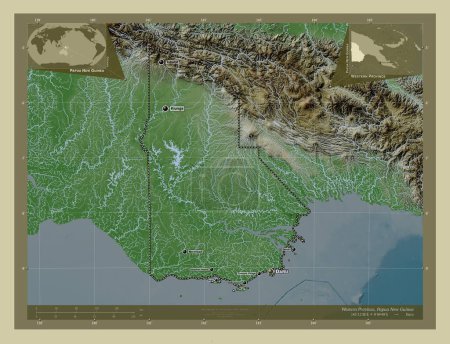 Téléchargez les photos : Western Province, province of Papua New Guinea. Elevation map colored in wiki style with lakes and rivers. Locations and names of major cities of the region. Corner auxiliary location maps - en image libre de droit