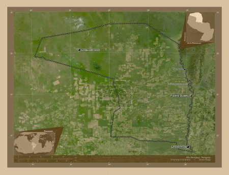 Foto de Alto Paraguay, department of Paraguay. Low resolution satellite map. Locations and names of major cities of the region. Corner auxiliary location maps - Imagen libre de derechos