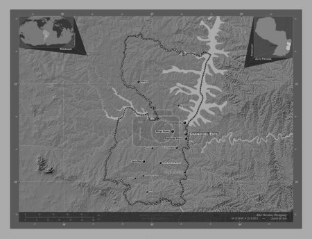 Foto de Alto Parana, department of Paraguay. Bilevel elevation map with lakes and rivers. Locations and names of major cities of the region. Corner auxiliary location maps - Imagen libre de derechos