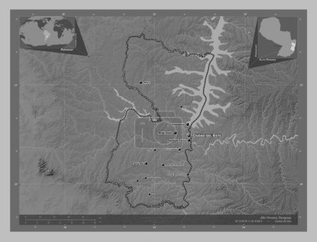 Téléchargez les photos : Alto Parana, department of Paraguay. Grayscale elevation map with lakes and rivers. Locations and names of major cities of the region. Corner auxiliary location maps - en image libre de droit