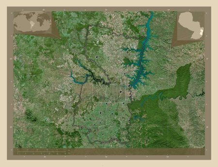 Téléchargez les photos : Alto Parana, department of Paraguay. High resolution satellite map. Locations of major cities of the region. Corner auxiliary location maps - en image libre de droit