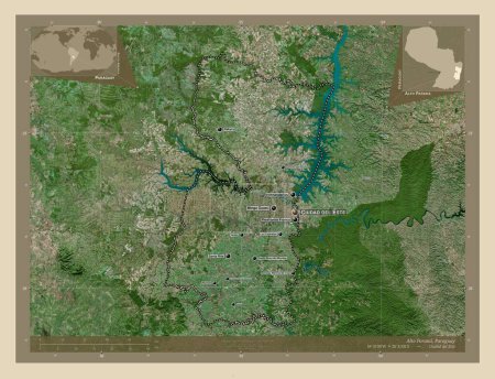 Foto de Alto Parana, department of Paraguay. High resolution satellite map. Locations and names of major cities of the region. Corner auxiliary location maps - Imagen libre de derechos