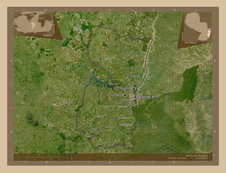Téléchargez les photos : Alto Parana, department of Paraguay. Low resolution satellite map. Locations and names of major cities of the region. Corner auxiliary location maps - en image libre de droit