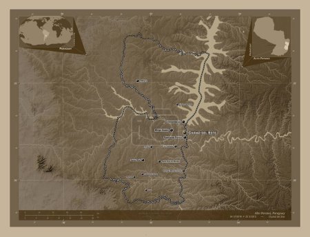 Téléchargez les photos : Alto Parana, department of Paraguay. Elevation map colored in sepia tones with lakes and rivers. Locations and names of major cities of the region. Corner auxiliary location maps - en image libre de droit