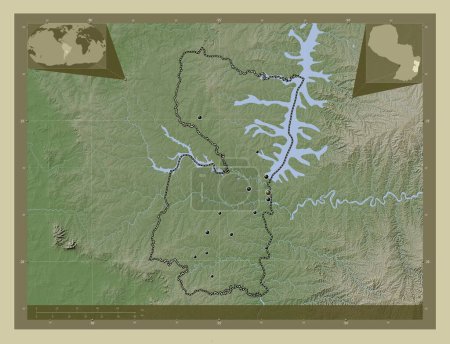Téléchargez les photos : Alto Parana, department of Paraguay. Elevation map colored in wiki style with lakes and rivers. Locations of major cities of the region. Corner auxiliary location maps - en image libre de droit