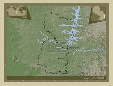 Foto de Alto Parana, department of Paraguay. Elevation map colored in wiki style with lakes and rivers. Locations and names of major cities of the region. Corner auxiliary location maps - Imagen libre de derechos