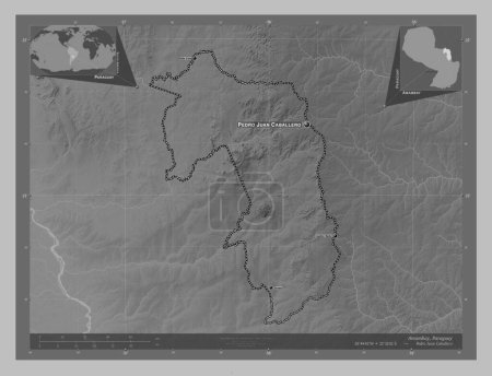 Téléchargez les photos : Amambay, department of Paraguay. Grayscale elevation map with lakes and rivers. Locations and names of major cities of the region. Corner auxiliary location maps - en image libre de droit