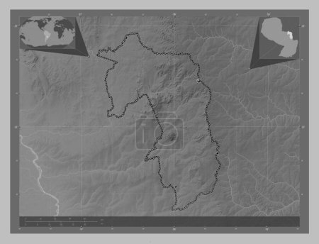 Téléchargez les photos : Amambay, department of Paraguay. Grayscale elevation map with lakes and rivers. Locations of major cities of the region. Corner auxiliary location maps - en image libre de droit