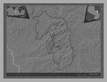 Téléchargez les photos : Amambay, department of Paraguay. Bilevel elevation map with lakes and rivers. Locations and names of major cities of the region. Corner auxiliary location maps - en image libre de droit