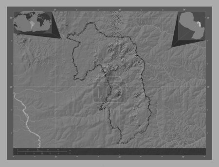Téléchargez les photos : Amambay, department of Paraguay. Bilevel elevation map with lakes and rivers. Corner auxiliary location maps - en image libre de droit