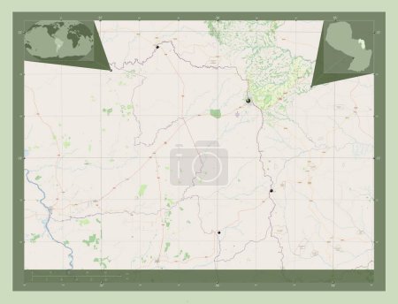 Téléchargez les photos : Amambay, department of Paraguay. Open Street Map. Locations of major cities of the region. Corner auxiliary location maps - en image libre de droit