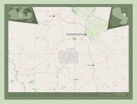 Téléchargez les photos : Amambay, department of Paraguay. Open Street Map. Locations and names of major cities of the region. Corner auxiliary location maps - en image libre de droit