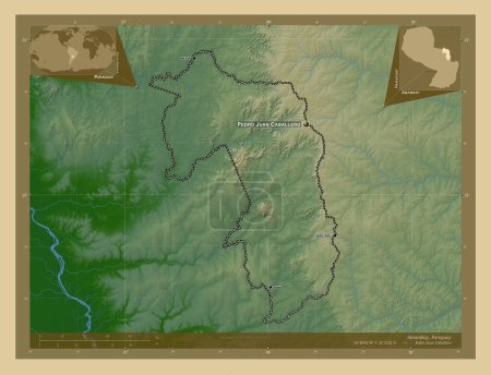 Photo for Amambay, department of Paraguay. Colored elevation map with lakes and rivers. Locations and names of major cities of the region. Corner auxiliary location maps - Royalty Free Image