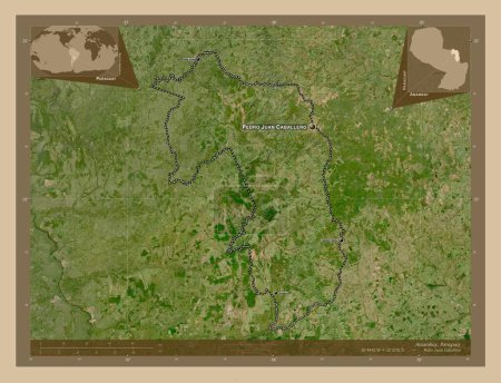 Téléchargez les photos : Amambay, department of Paraguay. Low resolution satellite map. Locations and names of major cities of the region. Corner auxiliary location maps - en image libre de droit