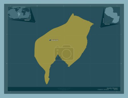 Téléchargez les photos : Asuncion, capital district of Paraguay. Solid color shape. Locations and names of major cities of the region. Corner auxiliary location maps - en image libre de droit