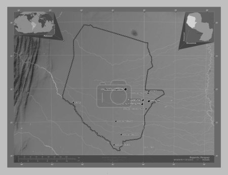 Téléchargez les photos : Boqueron, department of Paraguay. Grayscale elevation map with lakes and rivers. Locations and names of major cities of the region. Corner auxiliary location maps - en image libre de droit