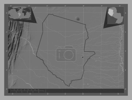 Téléchargez les photos : Boqueron, department of Paraguay. Bilevel elevation map with lakes and rivers. Corner auxiliary location maps - en image libre de droit