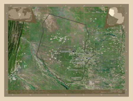 Téléchargez les photos : Boqueron, department of Paraguay. High resolution satellite map. Locations and names of major cities of the region. Corner auxiliary location maps - en image libre de droit