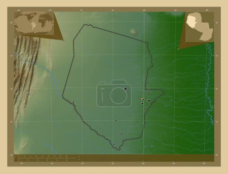 Téléchargez les photos : Boqueron, department of Paraguay. Colored elevation map with lakes and rivers. Locations of major cities of the region. Corner auxiliary location maps - en image libre de droit