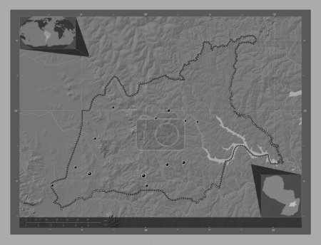 Téléchargez les photos : Caaguazu, department of Paraguay. Bilevel elevation map with lakes and rivers. Locations of major cities of the region. Corner auxiliary location maps - en image libre de droit