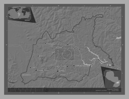 Téléchargez les photos : Caaguazu, department of Paraguay. Bilevel elevation map with lakes and rivers. Locations and names of major cities of the region. Corner auxiliary location maps - en image libre de droit