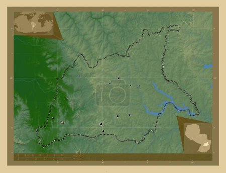 Téléchargez les photos : Caaguazu, department of Paraguay. Colored elevation map with lakes and rivers. Locations of major cities of the region. Corner auxiliary location maps - en image libre de droit