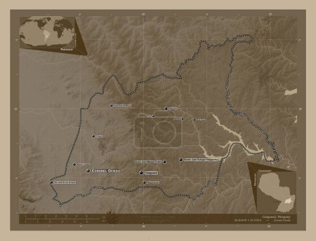 Téléchargez les photos : Caaguazu, department of Paraguay. Elevation map colored in sepia tones with lakes and rivers. Locations and names of major cities of the region. Corner auxiliary location maps - en image libre de droit