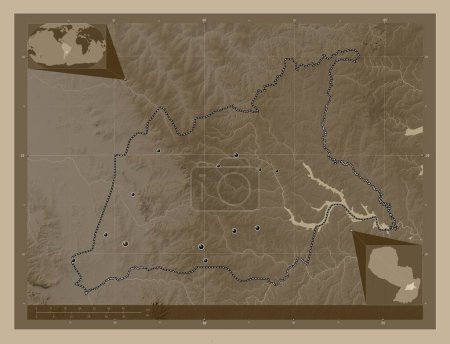Téléchargez les photos : Caaguazu, department of Paraguay. Elevation map colored in sepia tones with lakes and rivers. Locations of major cities of the region. Corner auxiliary location maps - en image libre de droit