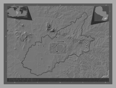 Téléchargez les photos : Caazapa, department of Paraguay. Bilevel elevation map with lakes and rivers. Locations of major cities of the region. Corner auxiliary location maps - en image libre de droit