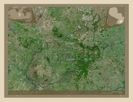 Foto de Caazapa, department of Paraguay. High resolution satellite map. Locations and names of major cities of the region. Corner auxiliary location maps - Imagen libre de derechos