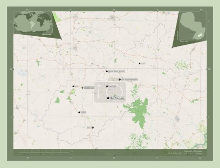 Foto de Caazapa, department of Paraguay. Open Street Map. Locations and names of major cities of the region. Corner auxiliary location maps - Imagen libre de derechos
