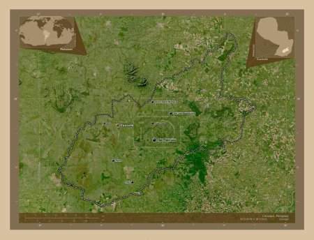 Foto de Caazapa, department of Paraguay. Low resolution satellite map. Locations and names of major cities of the region. Corner auxiliary location maps - Imagen libre de derechos