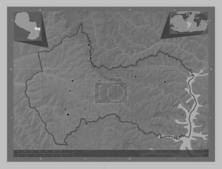 Foto de Canindeyu, department of Paraguay. Grayscale elevation map with lakes and rivers. Locations of major cities of the region. Corner auxiliary location maps - Imagen libre de derechos