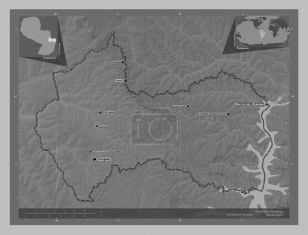 Foto de Canindeyu, department of Paraguay. Grayscale elevation map with lakes and rivers. Locations and names of major cities of the region. Corner auxiliary location maps - Imagen libre de derechos