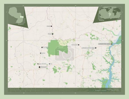 Téléchargez les photos : Canindeyu, department of Paraguay. Open Street Map. Locations and names of major cities of the region. Corner auxiliary location maps - en image libre de droit