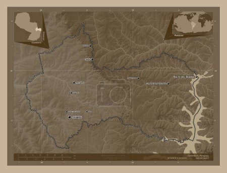 Photo for Canindeyu, department of Paraguay. Elevation map colored in sepia tones with lakes and rivers. Locations and names of major cities of the region. Corner auxiliary location maps - Royalty Free Image