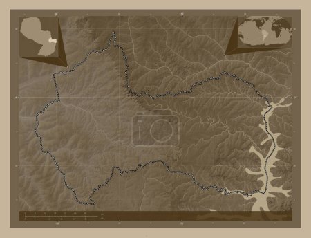 Photo for Canindeyu, department of Paraguay. Elevation map colored in sepia tones with lakes and rivers. Corner auxiliary location maps - Royalty Free Image