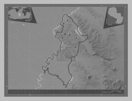 Téléchargez les photos : Central, department of Paraguay. Grayscale elevation map with lakes and rivers. Locations and names of major cities of the region. Corner auxiliary location maps - en image libre de droit