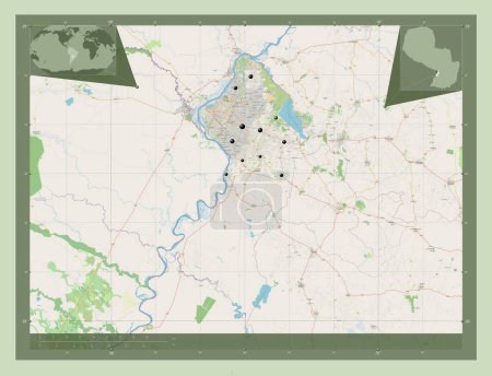 Téléchargez les photos : Central, department of Paraguay. Open Street Map. Locations of major cities of the region. Corner auxiliary location maps - en image libre de droit