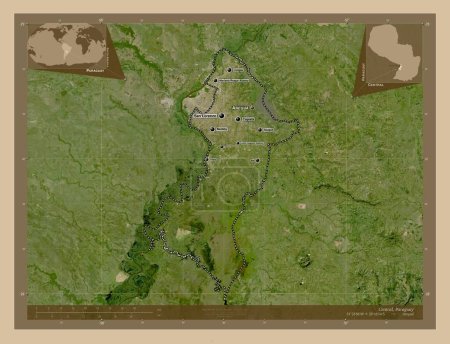 Téléchargez les photos : Central, department of Paraguay. Low resolution satellite map. Locations and names of major cities of the region. Corner auxiliary location maps - en image libre de droit