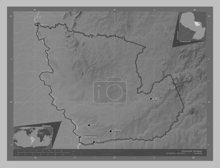 Foto de Concepcion, department of Paraguay. Grayscale elevation map with lakes and rivers. Locations and names of major cities of the region. Corner auxiliary location maps - Imagen libre de derechos