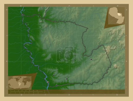 Photo for Concepcion, department of Paraguay. Colored elevation map with lakes and rivers. Locations of major cities of the region. Corner auxiliary location maps - Royalty Free Image