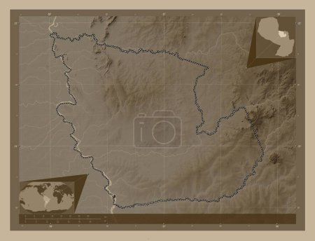 Foto de Concepcion, department of Paraguay. Elevation map colored in sepia tones with lakes and rivers. Corner auxiliary location maps - Imagen libre de derechos