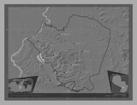 Téléchargez les photos : Cordillera, department of Paraguay. Bilevel elevation map with lakes and rivers. Locations and names of major cities of the region. Corner auxiliary location maps - en image libre de droit