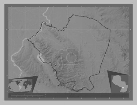 Téléchargez les photos : Cordillera, department of Paraguay. Grayscale elevation map with lakes and rivers. Corner auxiliary location maps - en image libre de droit