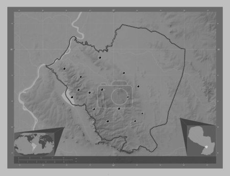 Téléchargez les photos : Cordillera, department of Paraguay. Grayscale elevation map with lakes and rivers. Locations of major cities of the region. Corner auxiliary location maps - en image libre de droit