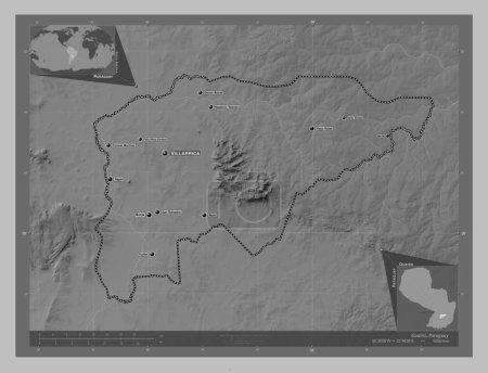 Téléchargez les photos : Guaira, department of Paraguay. Grayscale elevation map with lakes and rivers. Locations and names of major cities of the region. Corner auxiliary location maps - en image libre de droit